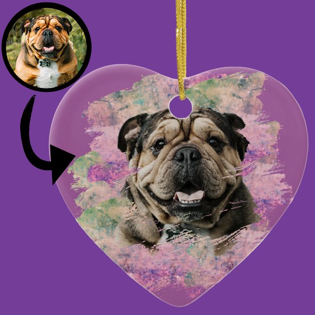 Rosa Lilac Bulldog Hund älskare Heart Photo Julgransprydnad Keramik (Skapare uppladdad)