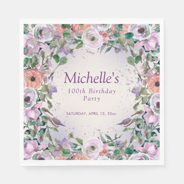 Rosa Lilac Lila Watercolor Blommigt 100:e födelsed Pappersservett (Framsidan)