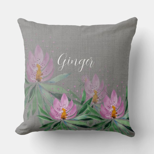 Rosa Lilac Lotus Watercolor Art Monogrammed Kudde (Framsida)