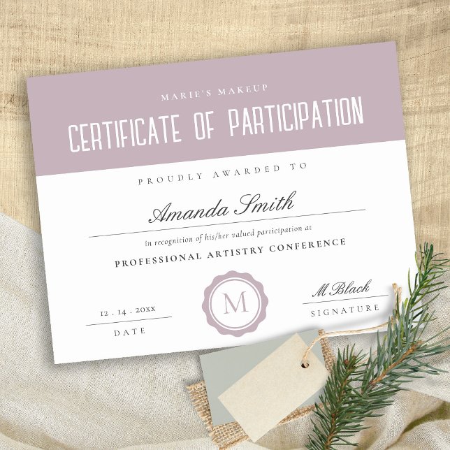 Rosa Lilac-minimicertifikat för deltagande (Skapare uppladdad)