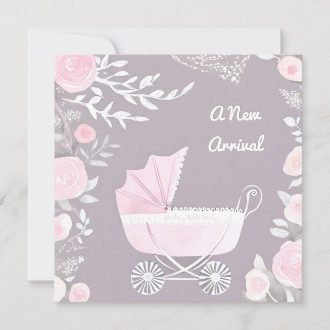 Rosa Lilac New Arrival Söt Pram Cute Baby Card Julkort (Framsida)