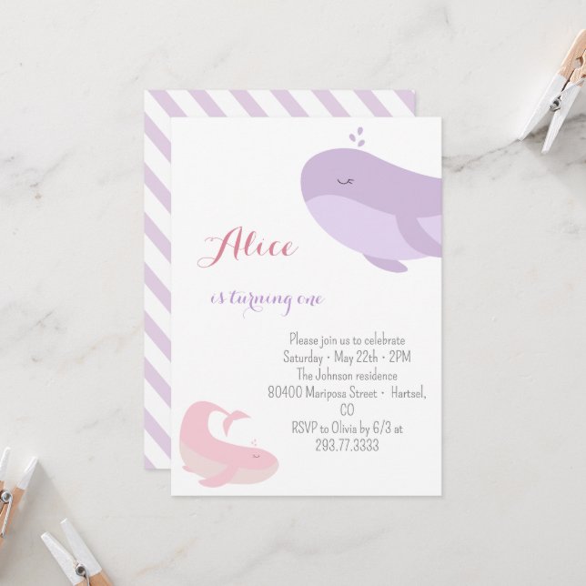 Rosa Lilac Whale Sea Fish 1st Birthday Party Inbjudningar (Fram/Back In Situ)