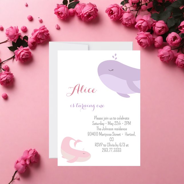 Rosa Lilac Whale Sea Fish 1st Birthday Party Inbjudningar (Skapare uppladdad)