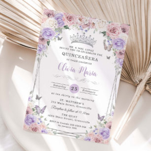 Rosa Lilac White Blommigt Silver Quinceañera Inbjudningar