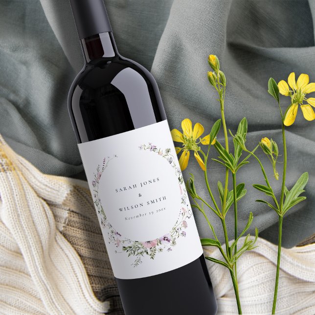  Rosa Lilac WildblomCircle Ram Bröllop Vinflaska Etikett (Skapare uppladdad)
