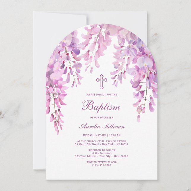 Rosa Lilac Wisteria Arch Baptism Inbjudningar (Framsida)