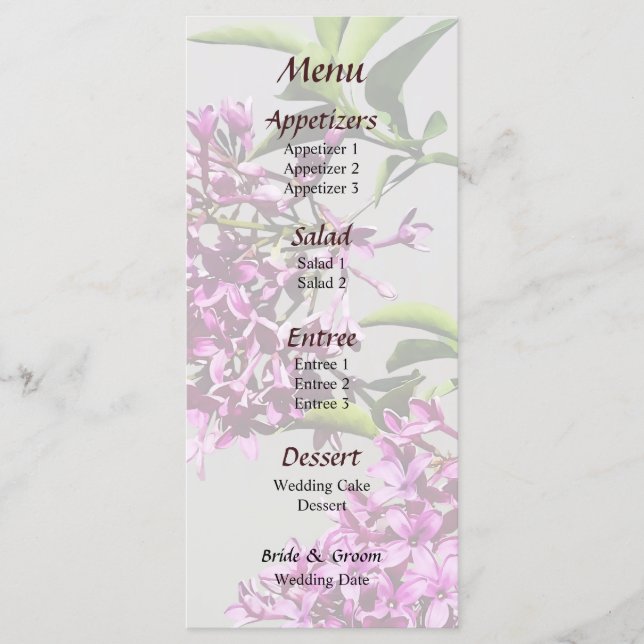 Rosa Lilacs and Löv Bröllop Menu Meny (Framsida)
