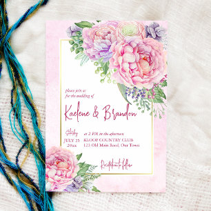 Rosa lilaskipeonier blommigt elegant bröllop inbjudningar