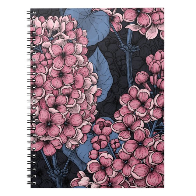 Rosa lilax på mörk blått anteckningsbok (Framsidan)