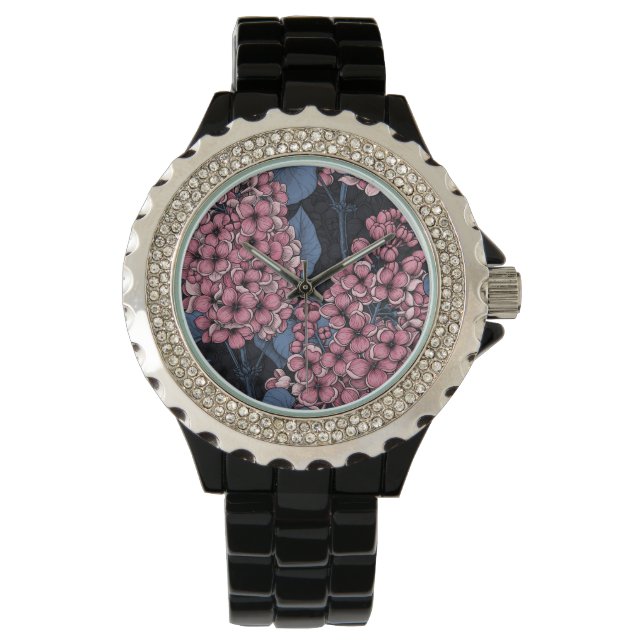 Rosa lilax på mörk blått armbandsur (Framsida)