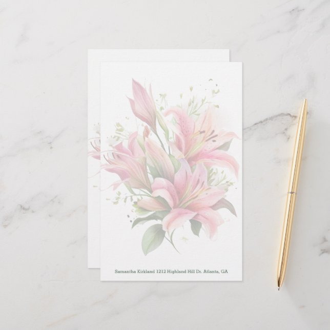 Rosa Lilies Anpassningsbar Stationery Brevpapper (Fram/Back In Situ)