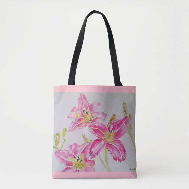 Rosa Lilies Blommigt Watercolor Tote Bag Tygkasse (Framsida)