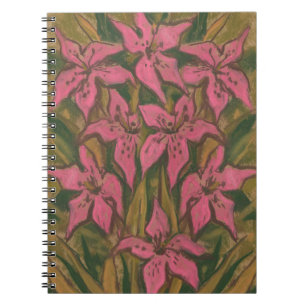 Rosa Lilies, pastellmålning, blommor, blommigt kon Anteckningsbok Med Spiral