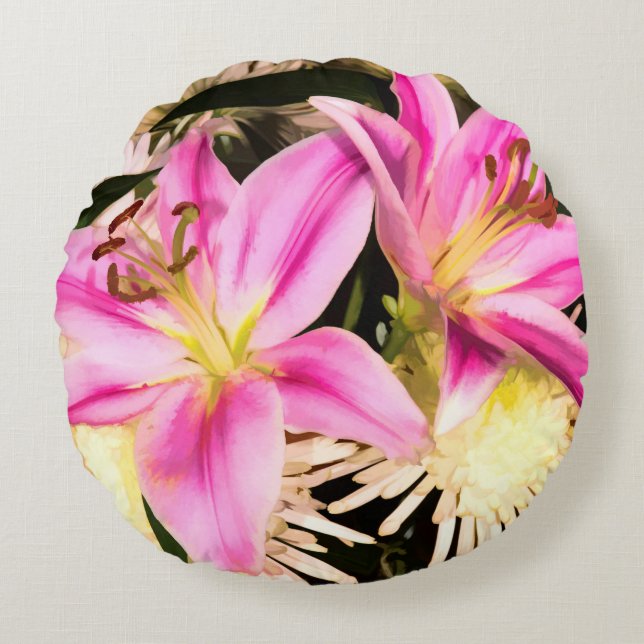 Rosa Lilies Rund Kudde (Framsidan)