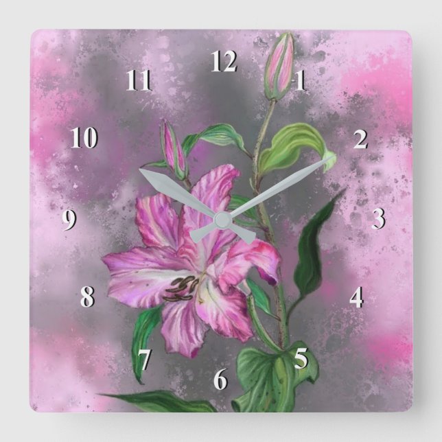 Rosa Lilies Wall Clock Fyrkantig Klocka (Framsida)