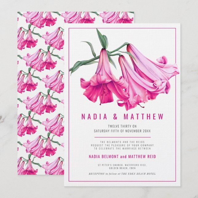Rosa lilja blomma akvarell konst bröllop inbjudningar (Fram/baksida)