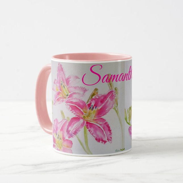 Rosa lilja blomma blommande Lilium akvarell konst  Mugg (Framsida vänster)