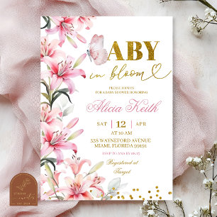 Rosa Lilja Blommig Fjäril Bebis i Blom Invitation Inbjudningar