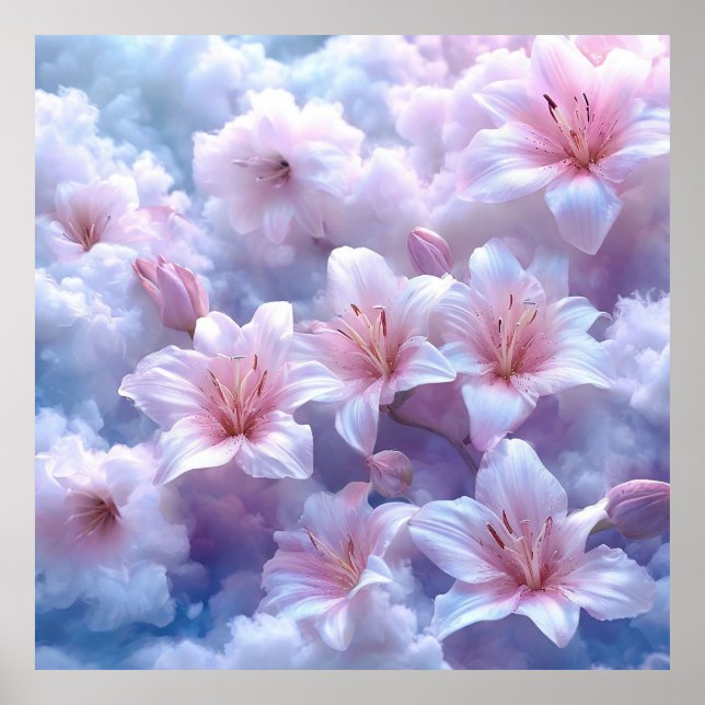 🌸 Rosa Lilja Moln Väggkonst Drömmig Fantasy Dekor (Framsidan)