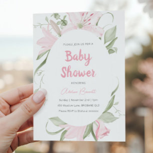 Rosa liljeblommar Gröna blad Baby Shower Inbjudningar