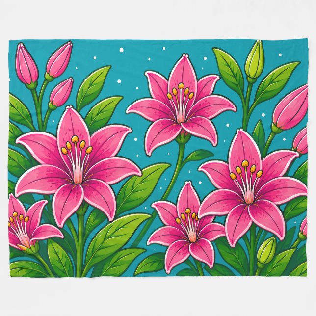 Rosa liljeblomställningar med grön bladillustratio fleecefilt (Framsidan (Horisontell))
