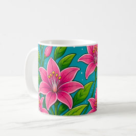 Rosa liljeblomställningar med grön lövverk illustr kaffemugg