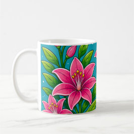 Rosa liljeblomställningar med grön lövverk illustr kaffemugg