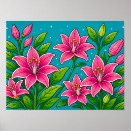 Rosa liljeblomställningar med grön lövverk illustr poster