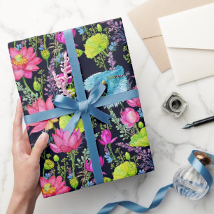 Rosa liljor och blå fåglar presentpapper