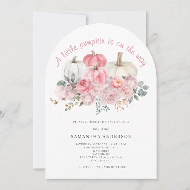 Rosa lilla pumpa flicka baby shower inbjudningar (Framsida)