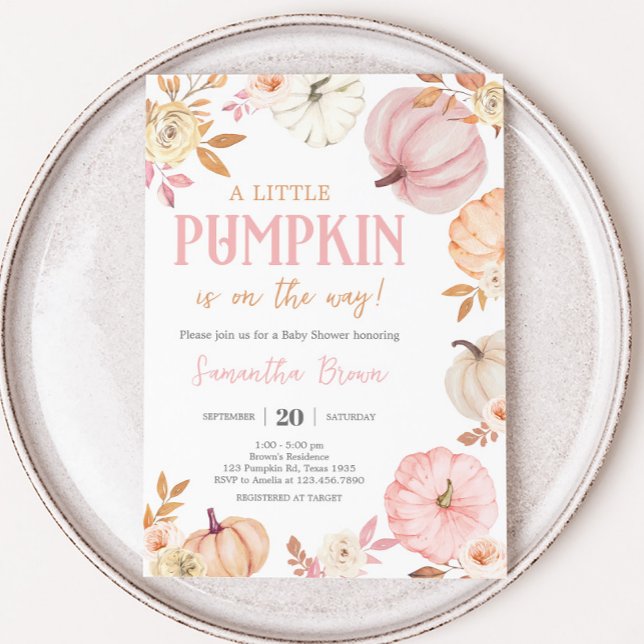 Rosa lilla pumpa höst baby shower inbjudningar (Girl Little Pumpkin Fall Baby Shower Invitation)