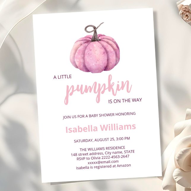 Rosa lille Pumpkin Baby Shower Inbjudningar (Little pumpkin minimalistic autumn fall pink girl baby shower invitation )