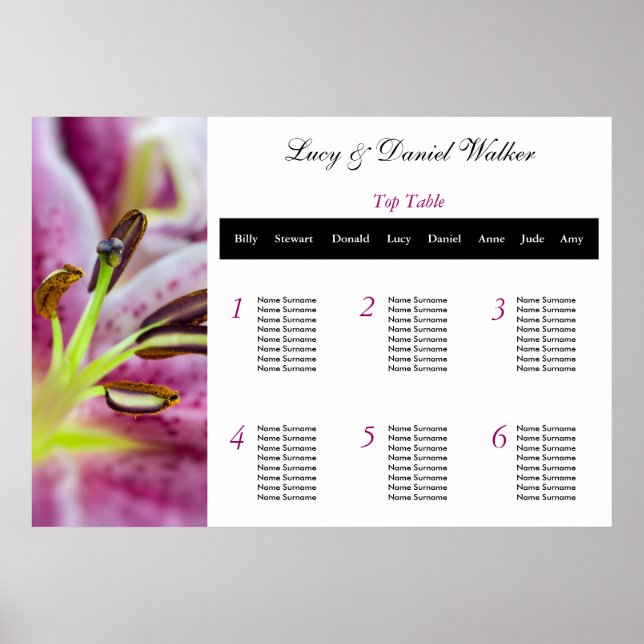 Rosa Lilly Bröllop Planen för sätet i Bord Poster (Framsidan)