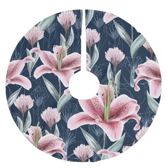 Rosa Lilly Flower Seamless Mönster. Julgransmatta Borstad Polyester (Framsidan)