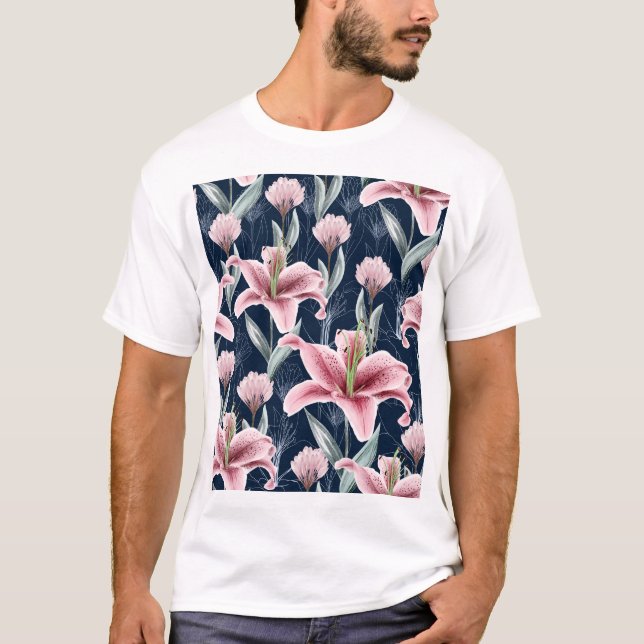 Rosa Lilly Flower Seamless Mönster. T Shirt (Framsida)