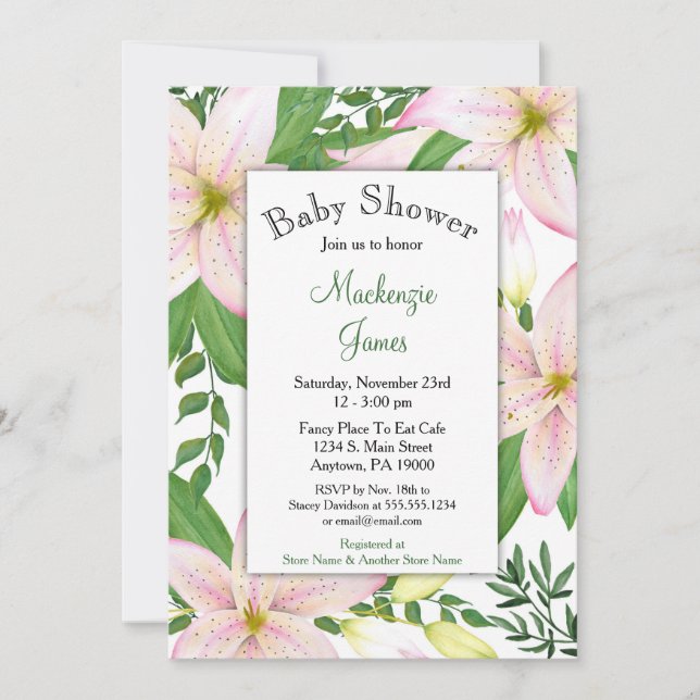 Rosa Lily Blommigt Baby Shower-inbjudningsflickor Inbjudningar (Framsida)