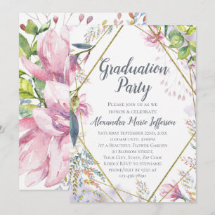 Rosa Lily Flower Geometric Guld Girls Studenten Inbjudningar