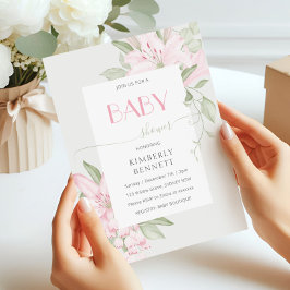 Rosa Lily Grönt Löv Baby Shower Inbjudningar