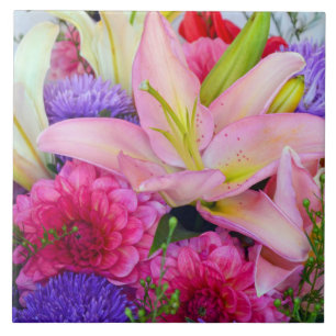 Rosa lily och dahlia-blommor, keramiska plattor kakelplatta