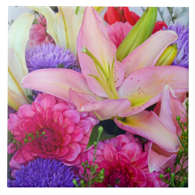 Rosa lily och dahlia-blommor, keramiska plattor kakelplatta (Framsidan)