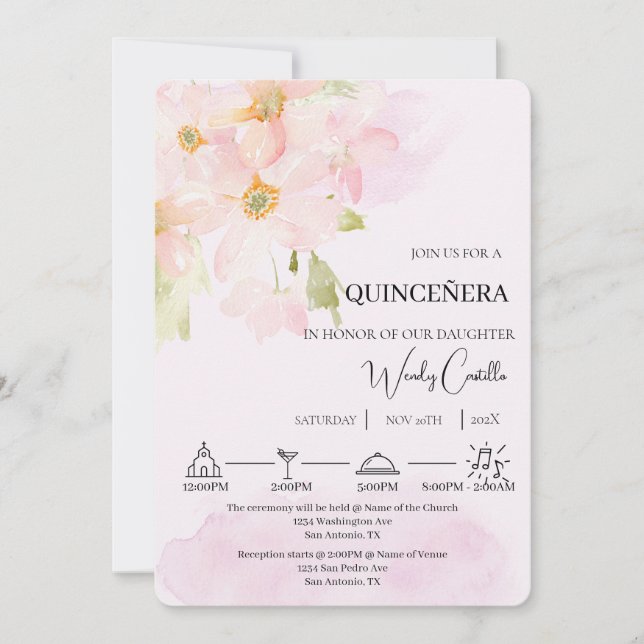 Rosa lily quinceañera inbjudningar (Framsida)