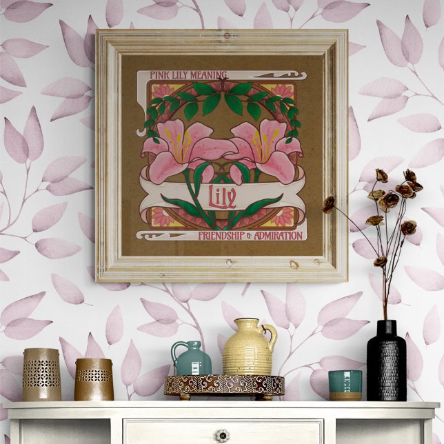 Rosa Lily Victorian Flowers Vänskap Admiration Poster (Pink Lily Flower Meaning Vintage Style Dark Background Poster - Friendship and Admiration)
