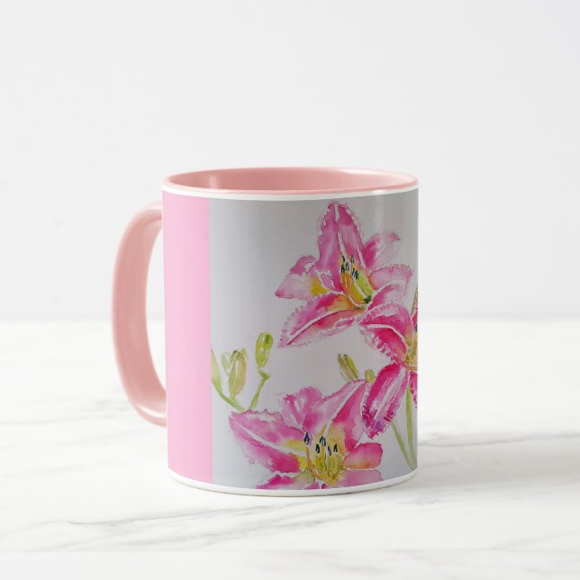 Rosa Lily Watercolor blommigt Flower Mugg (Framsida vänster)