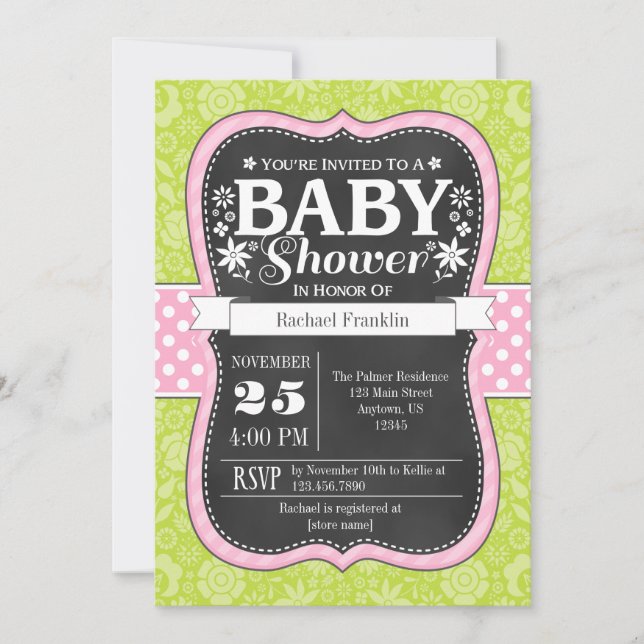 Rosa Lime Chalkboard Blommigt Baby Shower Inbjudan (Framsida)