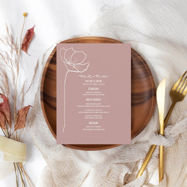 Rosa Line Art Flower Bröllop Menu Meny (Skapare uppladdad)
