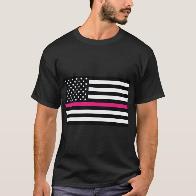 Rosa line flagga, American flagga with Rosa rand T Shirt (Framsida)