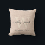 Rosa Linen Grått Ivory Monogram Bröllop Keepsaké Kudde<br><div class="desc">Elegant bröllop behåller rosa vävt linne-effektkudde med texten i handskrivet manusyrgrafi av mörk grått chic. Lägg bara till namn,  monogram och bröllop datum. Underbar gåva till ett nytt par. Enbart designad för dig av Lycklig Dolphin Studio. Kontakta oss på happydolphinstudio@outlook.com om du behöver hjälp eller matchande produkter.</div>