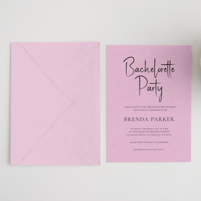 Rosa Linen Simple Black Script Bachelorette Party Inbjudningar (Skapare uppladdad)