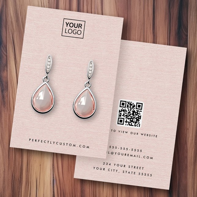  rosa linen-utseende logotyp QR-visning-kort Visitkort (Blush pink linen look logo QR earring display card)