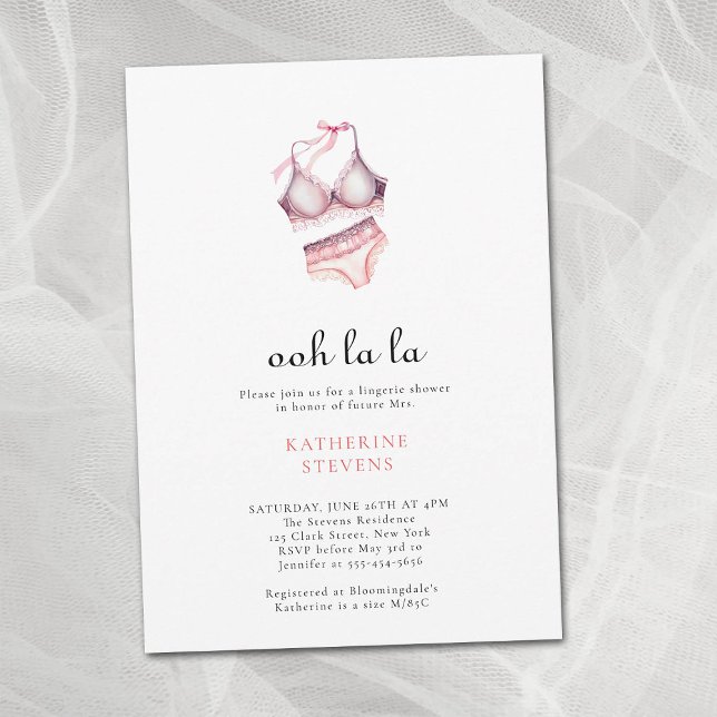 Rosa Lingerie Party Oh La Bow Möhippa Inbjudningar (lingerie shower pink lace bridal bra panties invitation watercolor elegant minimalist modern classy )